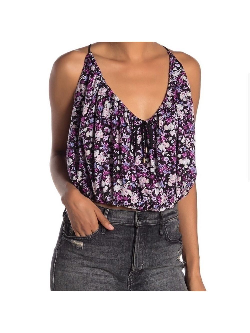 Free People Daisy Babe Women Floral Cropped Tie Up Back Tank Top Size Small EUC